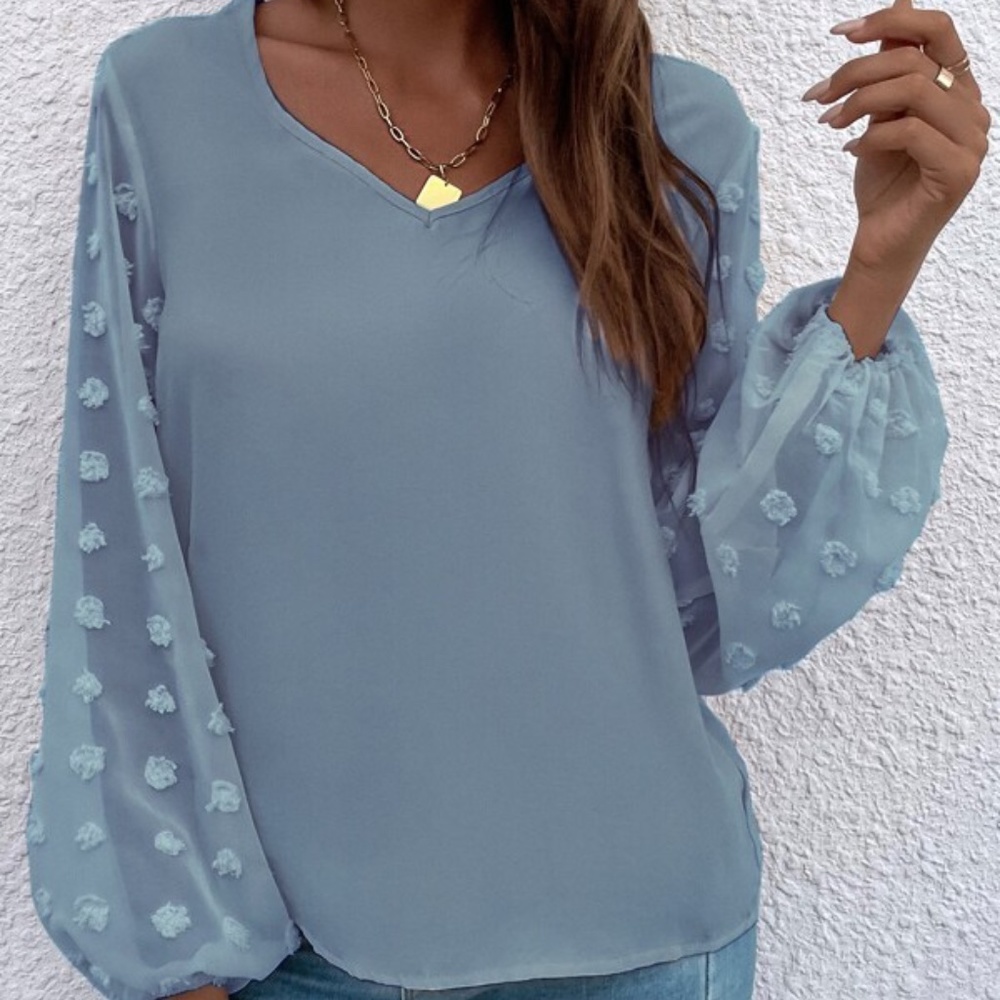 Boho Dusty Blue Swiss Dot Sheer Sleeve V neck Top Minimalist - Picture 7 of 12